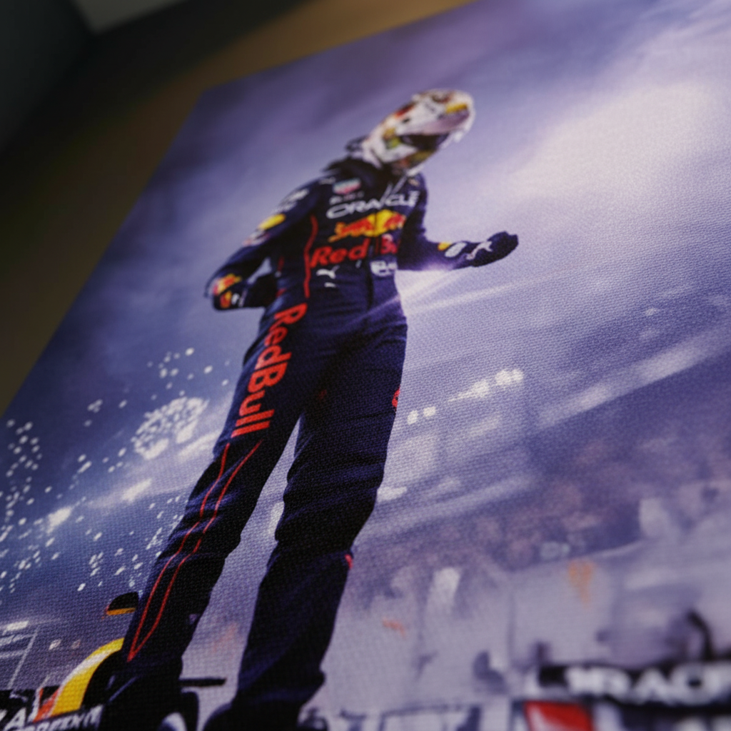 Koyu mor ve kırmızı tonlarda, Red Bull F1 yarışçısının zafer anını yansıtan modern kanvas tablo.