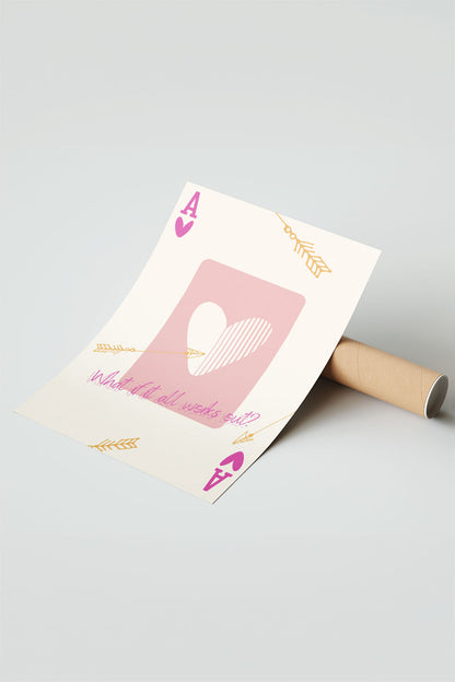 Pembe kalp ve altın ok desenli, 'What if it all works out?' yazılı modern çerçeveli poster