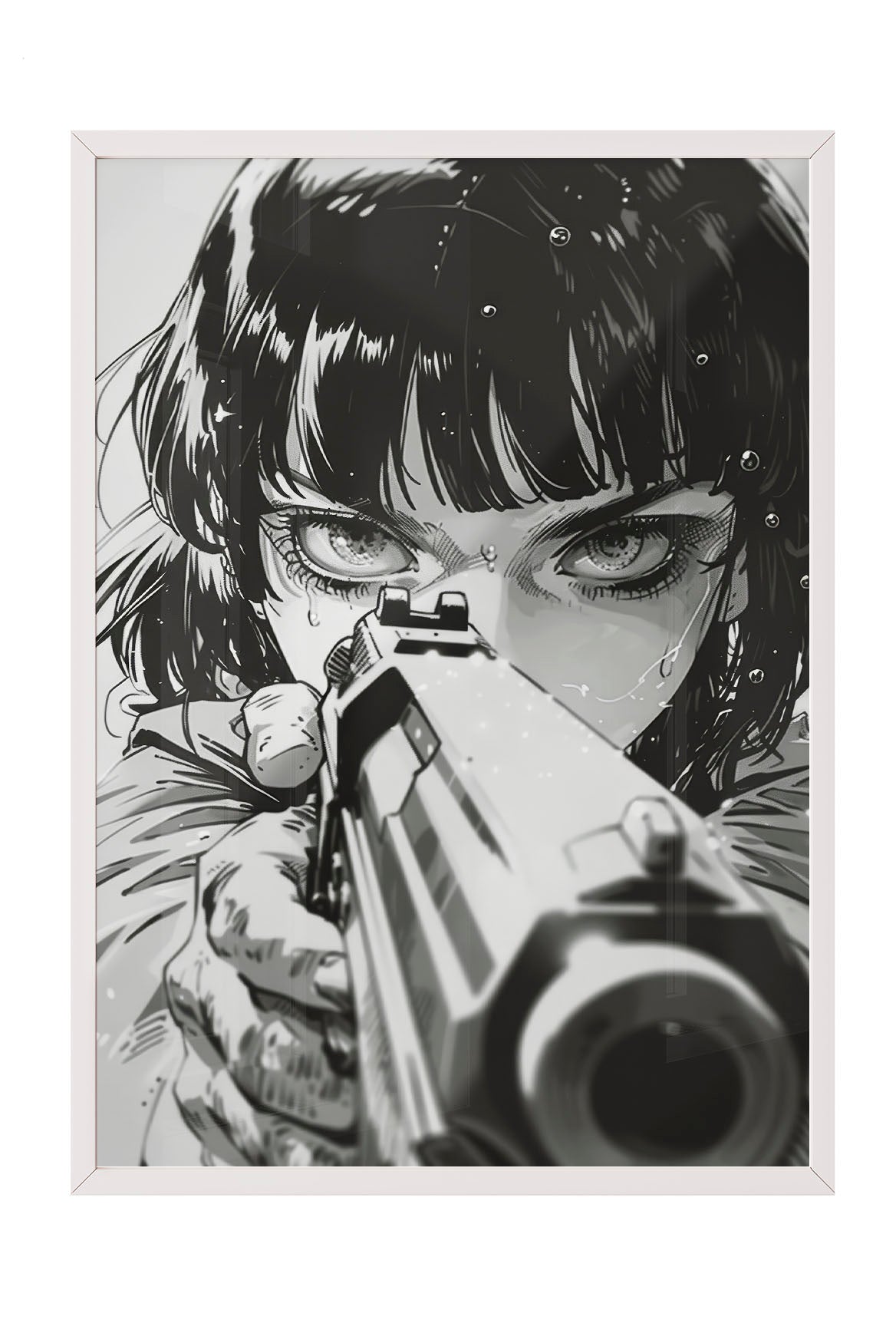 Siyah beyaz anime tarzı, silah tutan, gözleri yoğun ve kararlı bakan kadın portresi çerçeveli poster