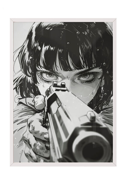 Siyah beyaz anime tarzı, silah tutan, gözleri yoğun ve kararlı bakan kadın portresi çerçeveli poster