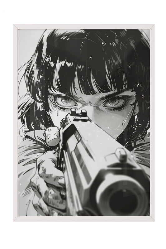 Siyah beyaz anime tarzı, silah tutan, gözleri yoğun ve kararlı bakan kadın portresi çerçeveli poster
