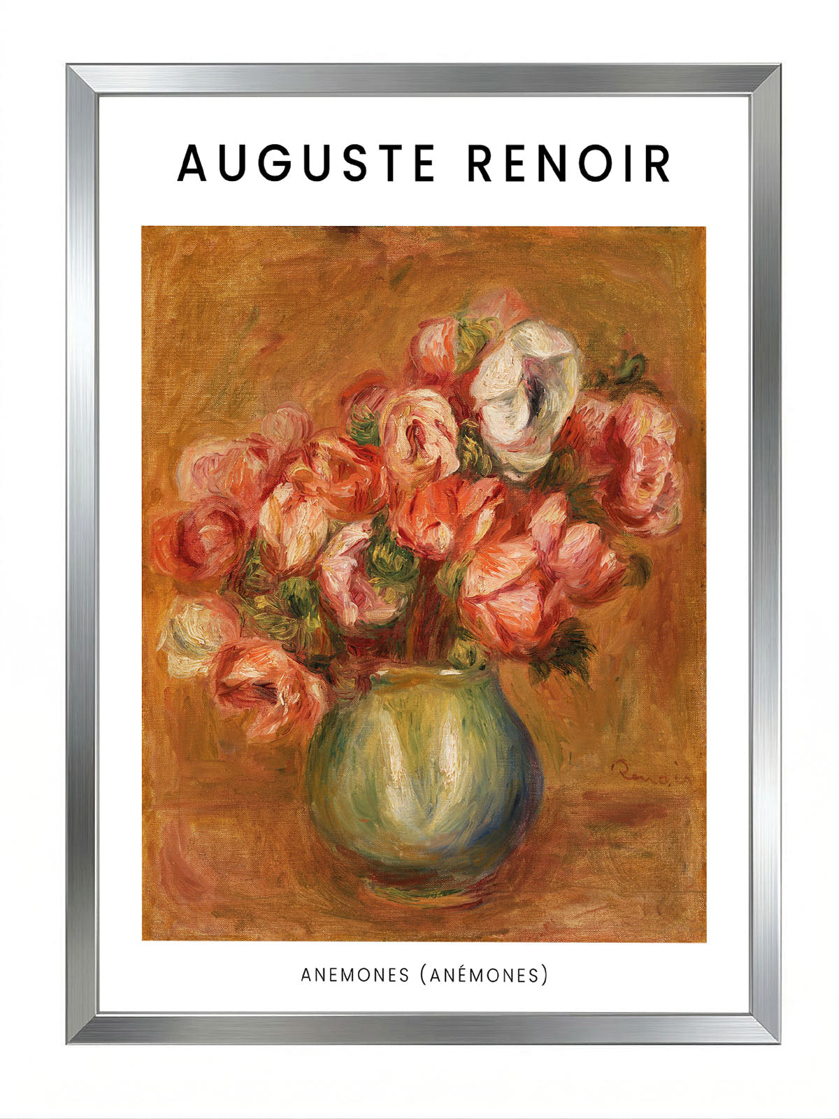 Siyah çerçeveli, Auguste Renoir'in Anemonlar tablosunu gösteren, empresyonist çiçek temalı duvar posteri.