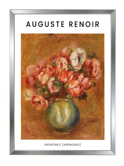 Siyah çerçeveli, Auguste Renoir'in Anemonlar tablosunu gösteren, empresyonist çiçek temalı duvar posteri.