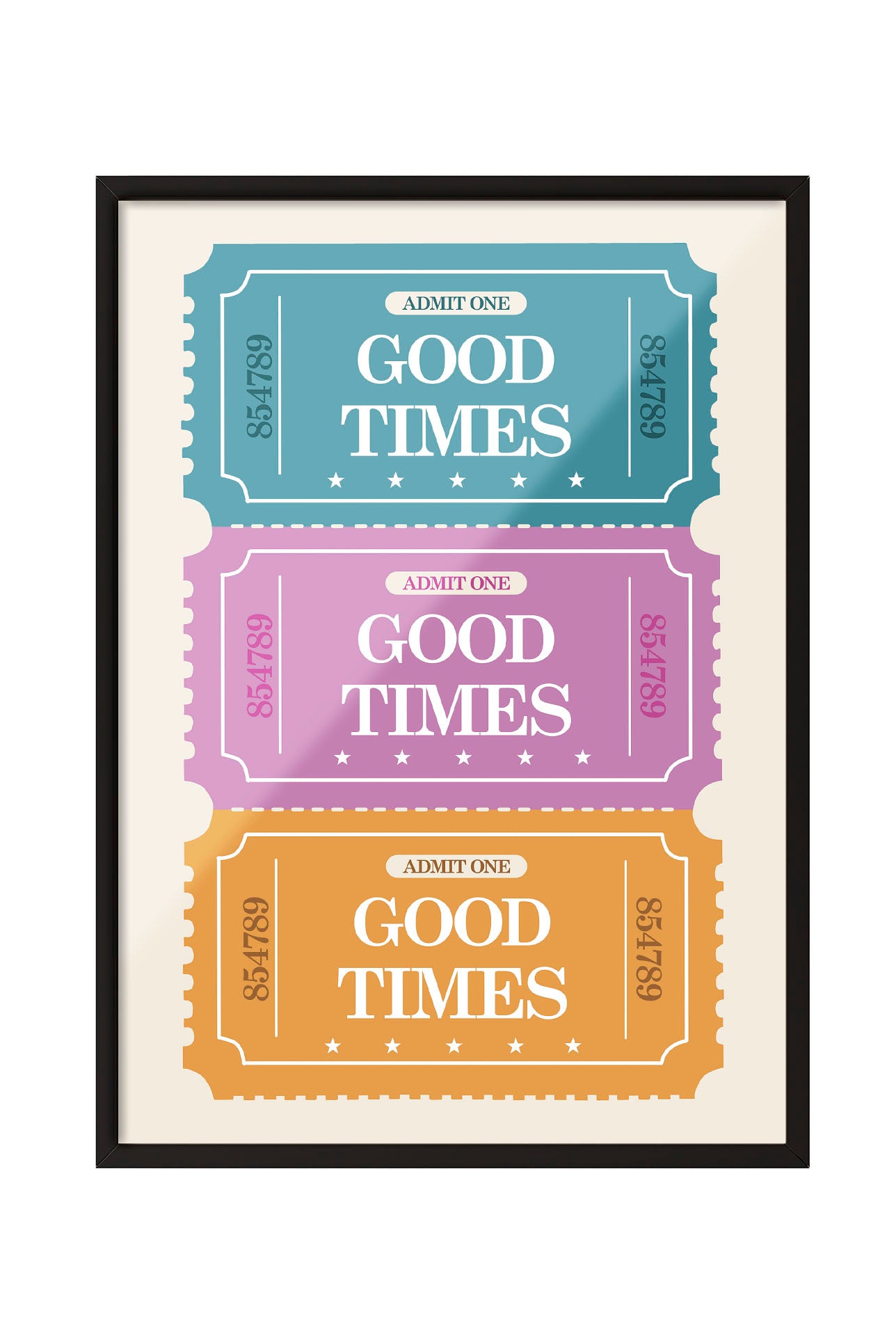 Mavi, pembe ve turuncu renklerde 'Good Times' yazılı retro bilet desenli çerçeveli poster
