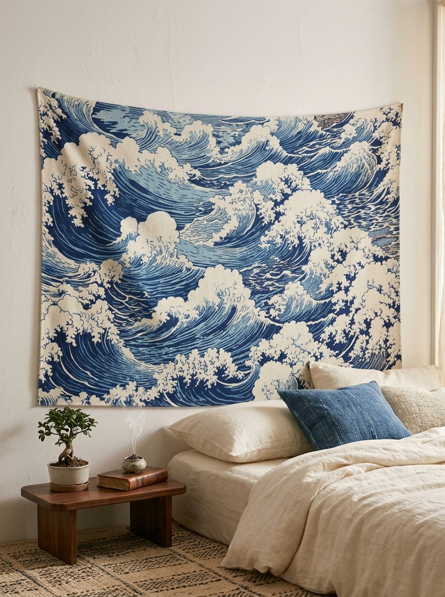 Japon Ukiyo-e tarzı büyük dalga desenli, mavi ve krem tonlarında sanatsal duvar örtüsü.