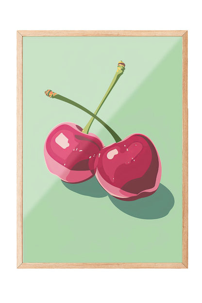 Siyah çerçeveli, açık yeşil fonda iki adet stilize pembe kiraz desenli modern poster.