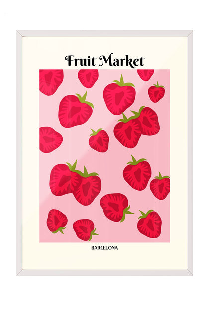 Çerçeveli pembe zeminli, kırmızı çilek desenli 'Fruit Market Barcelona' posteri