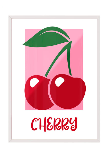 Pembe arka plan üzerinde iki kırmızı kiraz ve yeşil yaprakları olan modern çerçeveli poster