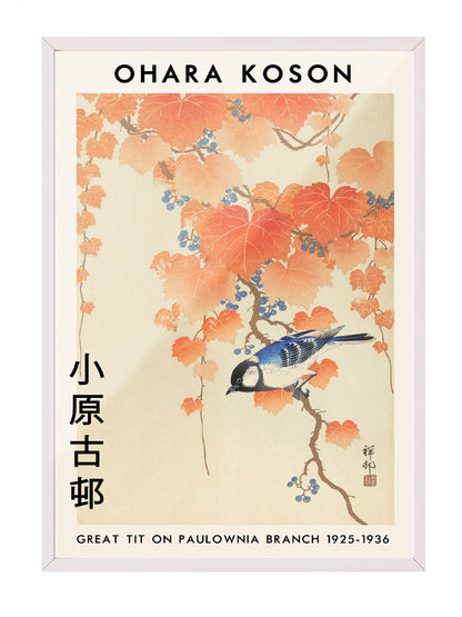 Ohara Koson'un Büyük Baştankara ve Paulownia Dalı adlı Japon Ukiyo-e sanat eseri posteri, turuncu yapraklar ve mavi baştankara kuşu.