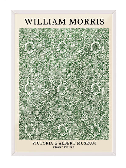 William Morris'in Victoria & Albert Müzesi'nden ilham alan, yeşil ve krem tonlarında detaylı çiçek desenli vintage poster.