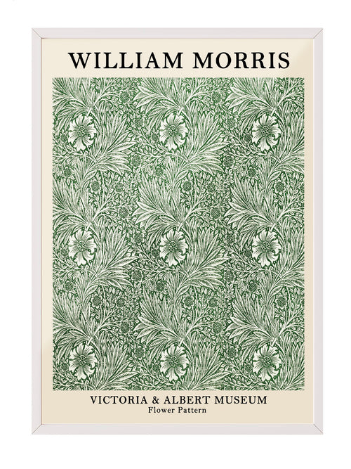 William Morris'in Victoria & Albert Müzesi'nden ilham alan, yeşil ve krem tonlarında detaylı çiçek desenli vintage poster.
