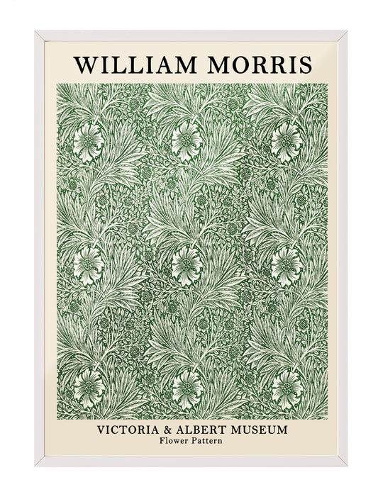 William Morris'in Victoria & Albert Müzesi'nden ilham alan, yeşil ve krem tonlarında detaylı çiçek desenli vintage poster.