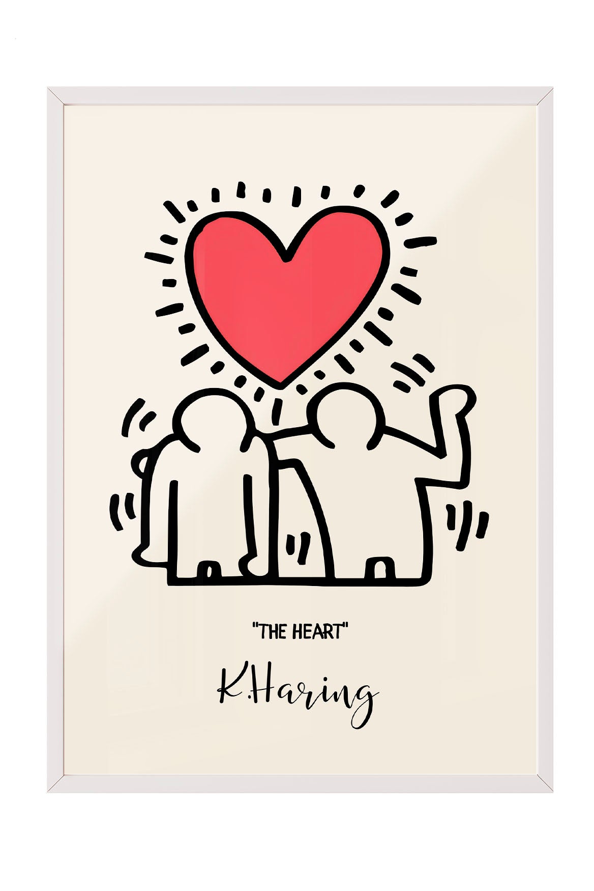 Siyah çerçeveli, bej zeminli, Keith Haring tarzı iki insan figürü ve parlak kırmızı kalp içeren modern sanat posteri.