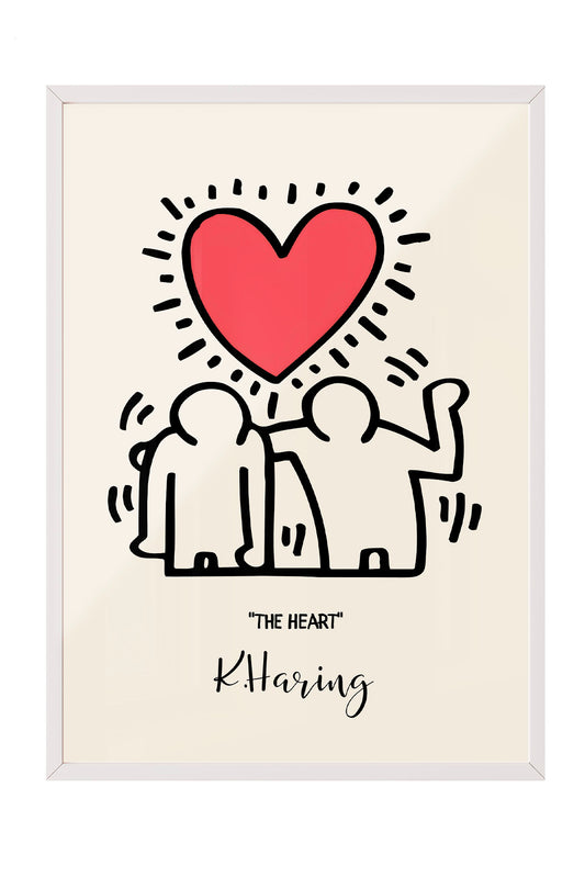 Siyah çerçeveli, bej zeminli, Keith Haring tarzı iki insan figürü ve parlak kırmızı kalp içeren modern sanat posteri.