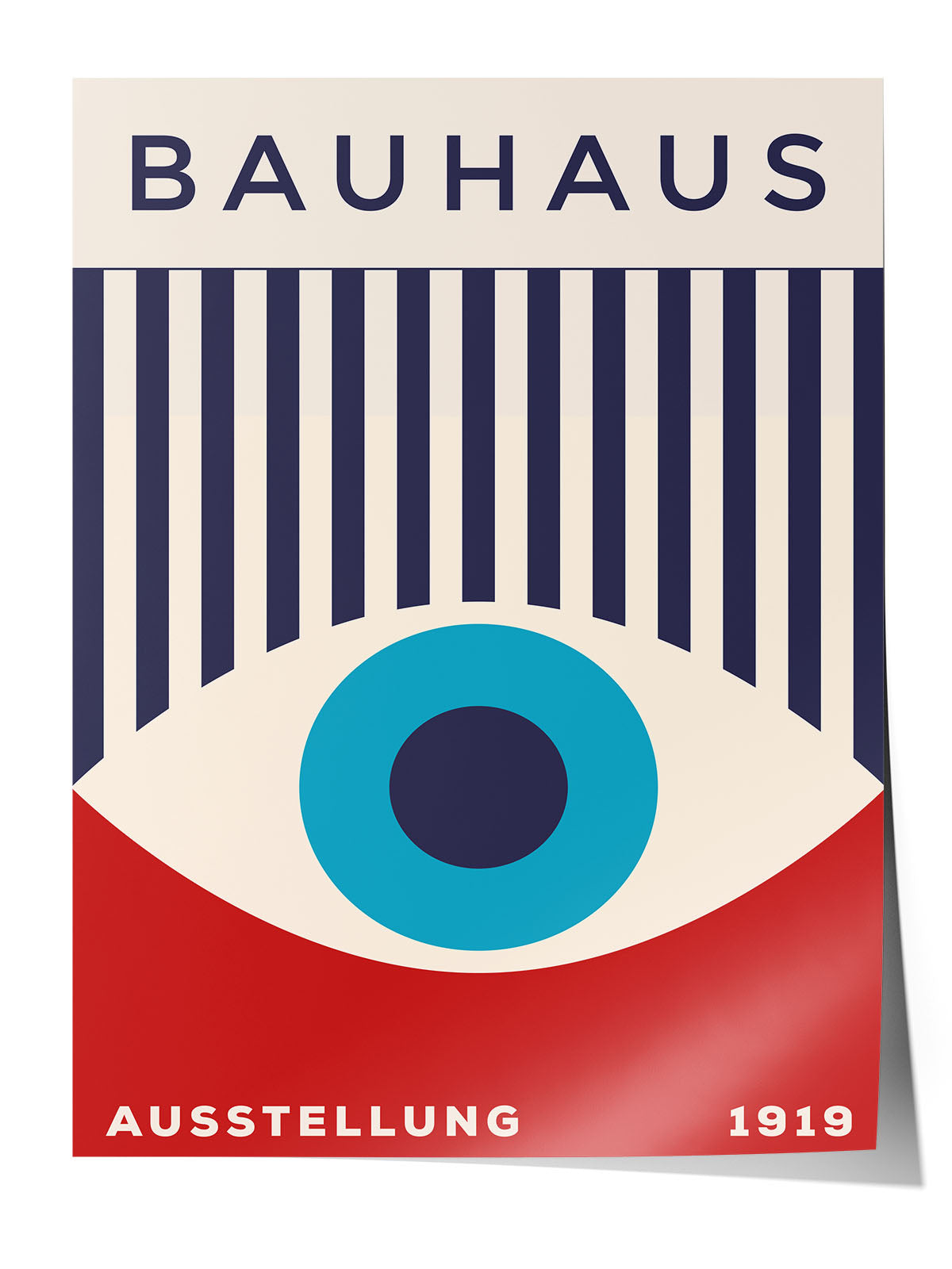 Bauhaus sergi afişi, krem zemin üzerinde lacivert çizgiler, kırmızı alt kısım ve ortada mavi göz figürü.
