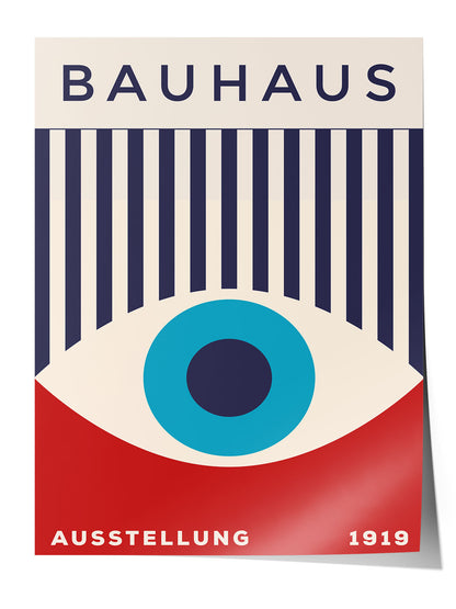 Bauhaus sergi afişi, krem zemin üzerinde lacivert çizgiler, kırmızı alt kısım ve ortada mavi göz figürü.