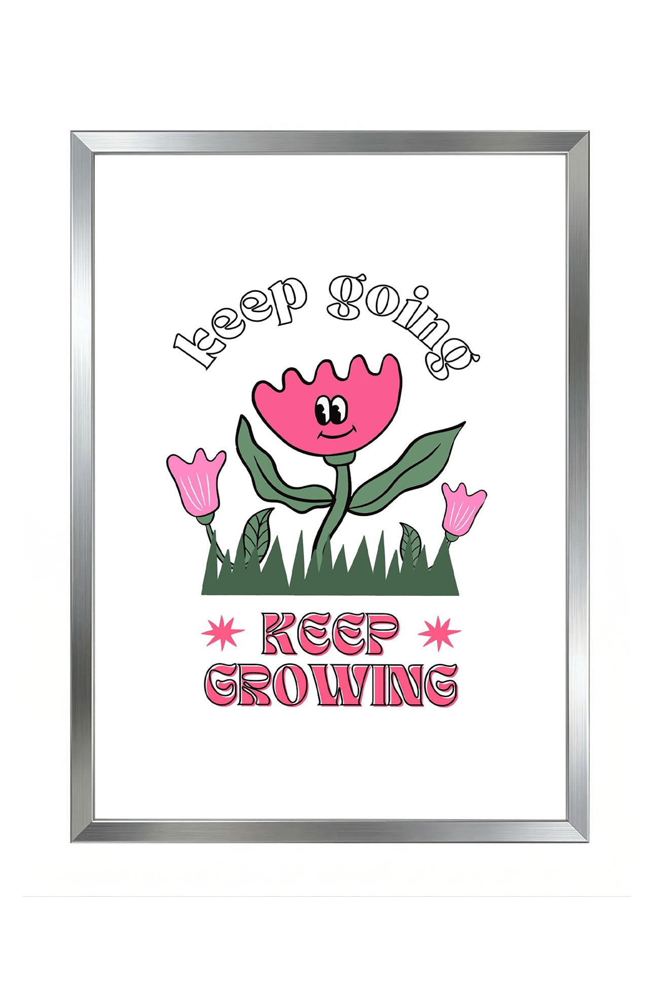 Siyah çerçeveli, beyaz zeminde pembe gülen çiçek, küçük çiçekler ve çimenler ile 'Keep Going' ve 'Keep Growing' yazılı motivasyon posteri.