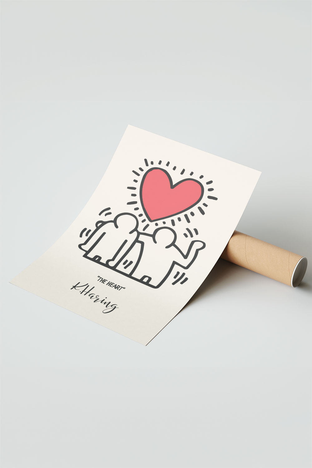 Siyah çerçeveli, bej zeminli, Keith Haring tarzı iki insan figürü ve parlak kırmızı kalp içeren modern sanat posteri.