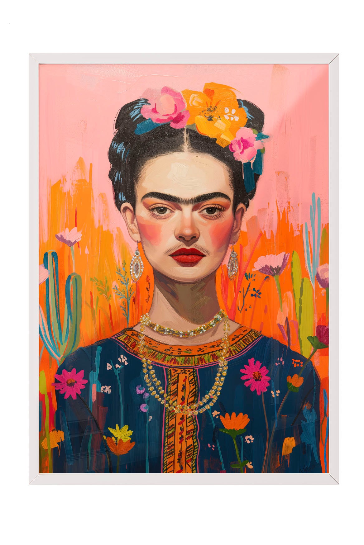 Modern Frida Kahlo portresi, renkli çiçekler ve turuncu pembe arka plan ile siyah çerçeveli tablo