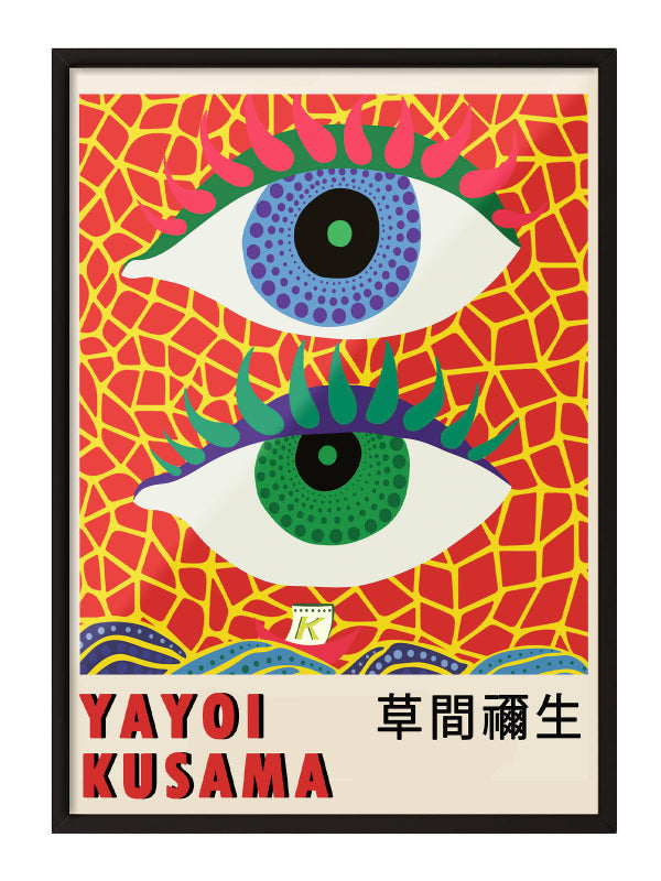 Yayoi Kusama'nın imzası olan, kırmızı zemin üzerinde mavi ve yeşil göz motifli, canlı renkli modern sanat posteri.