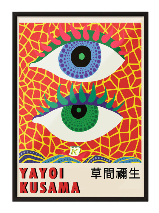 Yayoi Kusama'nın imzası olan, kırmızı zemin üzerinde mavi ve yeşil göz motifli, canlı renkli modern sanat posteri.