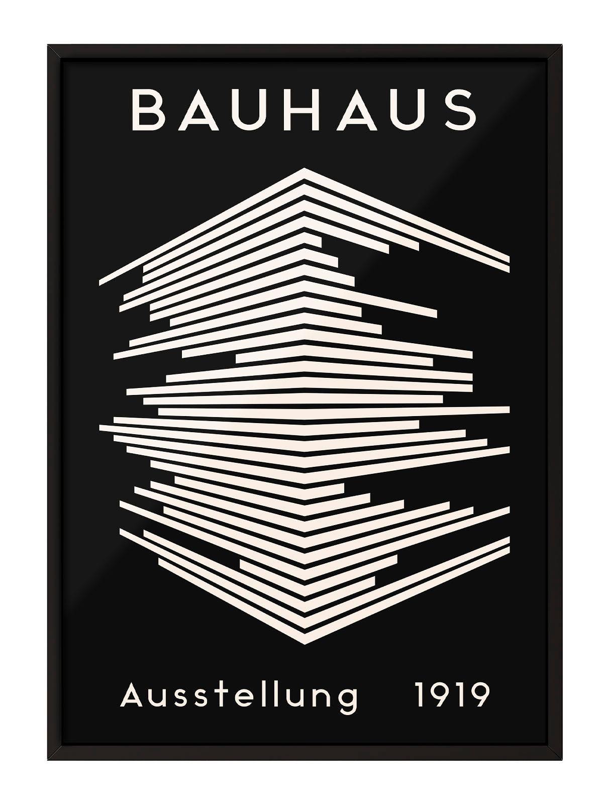Siyah zemin üzerine beyaz geometrik çizgili, Bauhaus 1919 sergi afişi posteri.