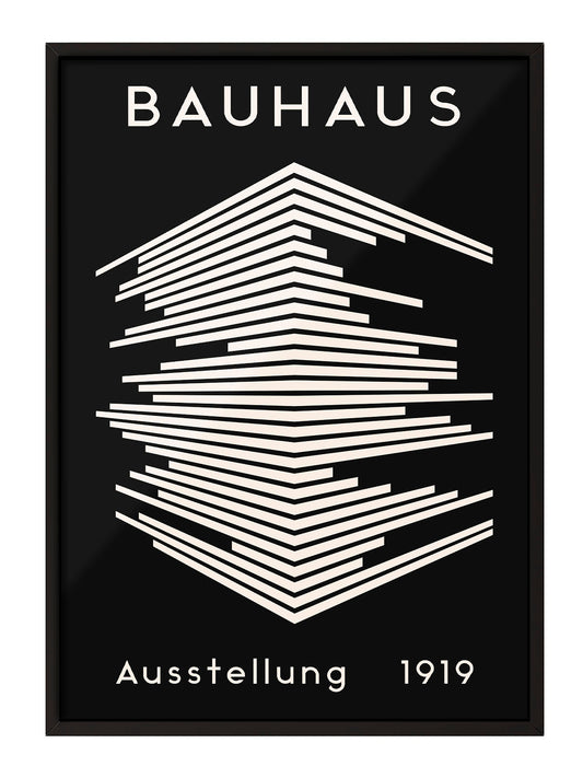 Siyah zemin üzerine beyaz geometrik çizgili, Bauhaus 1919 sergi afişi posteri.