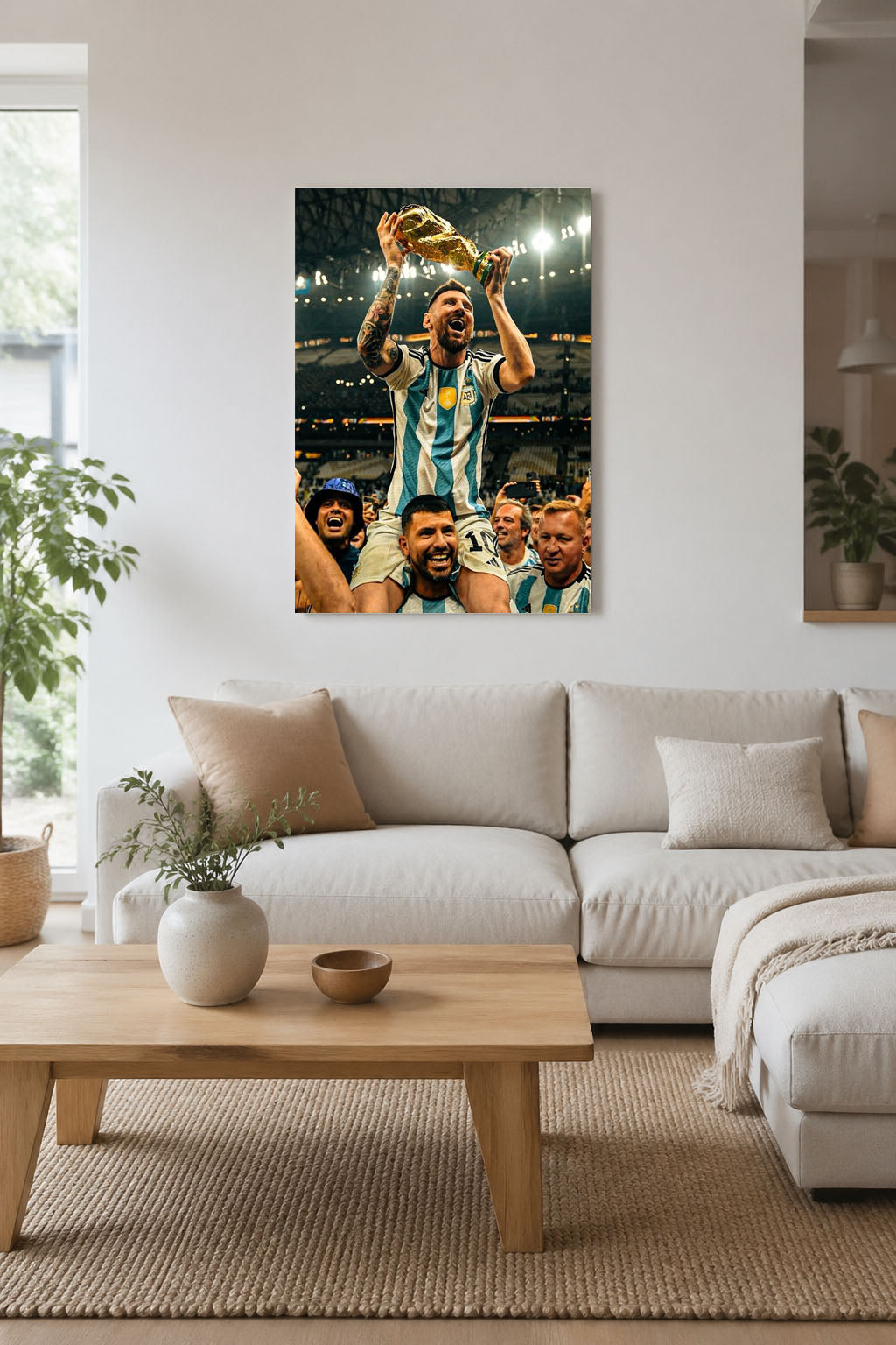 Lionel Messi Dünya Kupası kupasını havaya kaldırdığı anı gösteren canlı renkli kanvas tablo