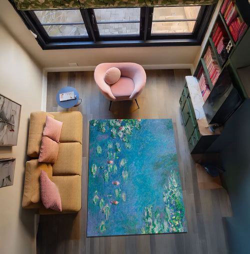 Empresyonist Nilüfer Desenli Mavi Halı