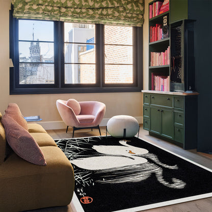 Siyah Beyaz Estetik Kuğu Desenli Halı