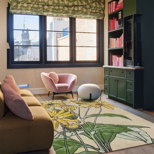 Nouveau Sarı Çiçekli Estetik Halı