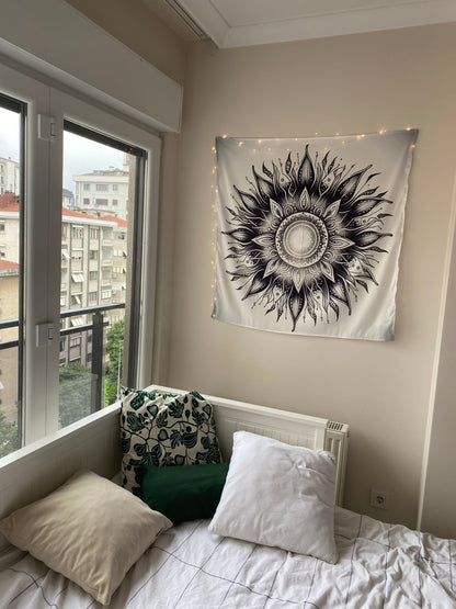 Siyah Beyaz Mandala Duvar Örtüsü