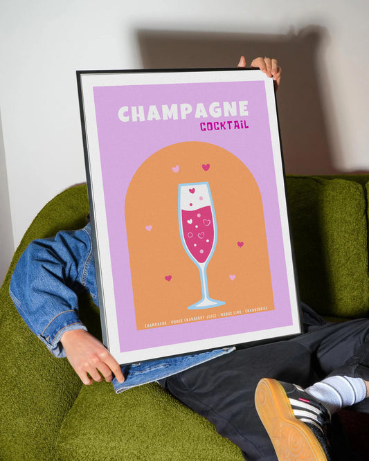 Champagne Cocktail Hearts Retro Art Poster