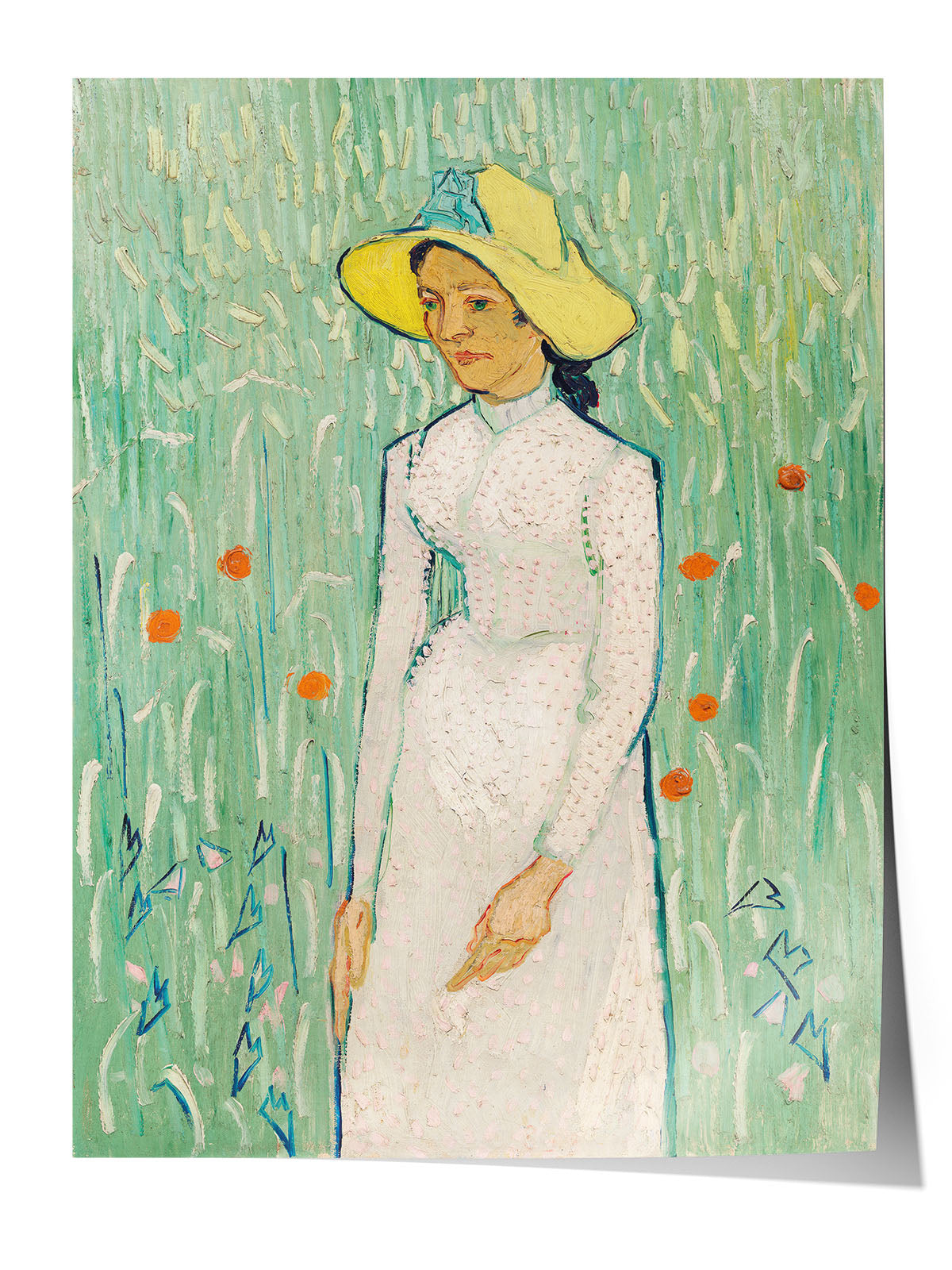 Siyah çerçeveli, Van Gogh'un Hasır Şapkalı Kadın tablosunu gösteren, yeşil ve sarı tonlarında sanatsal portre posteri.