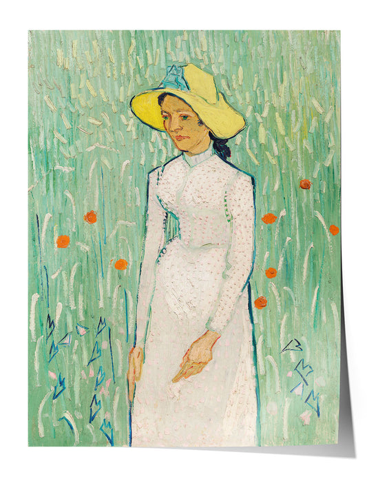 Siyah çerçeveli, Van Gogh'un Hasır Şapkalı Kadın tablosunu gösteren, yeşil ve sarı tonlarında sanatsal portre posteri.