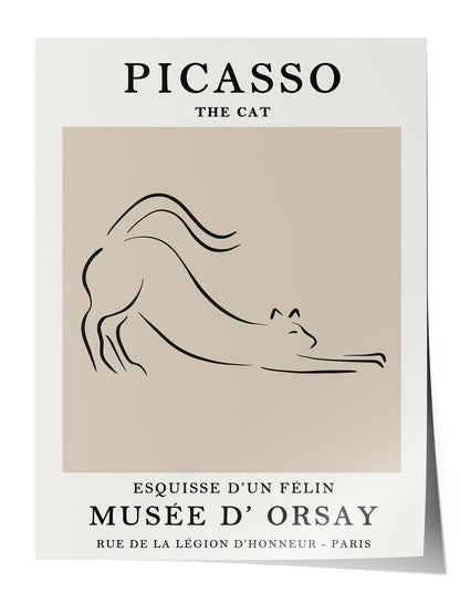 Siyah çerçeveli, bej arka plan üzerinde Picasso'nun minimalist kedi çizimi olan modern sanat posteri.