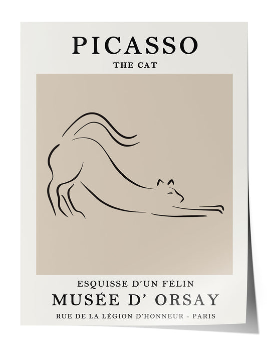 Siyah çerçeveli, bej arka plan üzerinde Picasso'nun minimalist kedi çizimi olan modern sanat posteri.