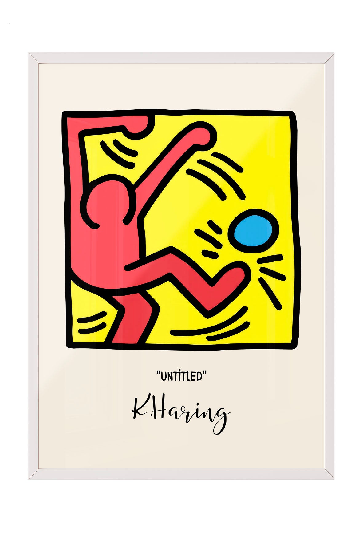 Keith Haring tarzı, kırmızı figürlü, sarı zeminli, mavi küreli modern çerçeveli poster