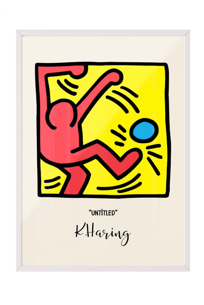 Keith Haring tarzı, kırmızı figürlü, sarı zeminli, mavi küreli modern çerçeveli poster