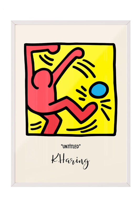 Keith Haring tarzı, kırmızı figürlü, sarı zeminli, mavi küreli modern çerçeveli poster