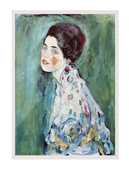 Siyah çerçeveli, Gustav Klimt'in yeşil tonlarda arka plana sahip, renkli fırça darbeleriyle işlenmiş kadın portresi.