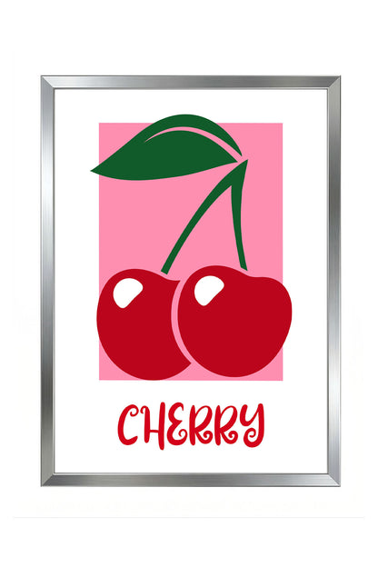 Pembe arka plan üzerinde iki kırmızı kiraz ve yeşil yaprakları olan modern çerçeveli poster