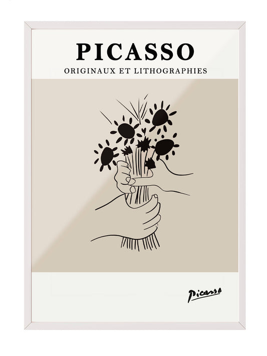 Picasso'nun minimalist çizim stilinde, ellerinde çiçek buketi tutan figürlü bej tonlarında sanatsal poster.