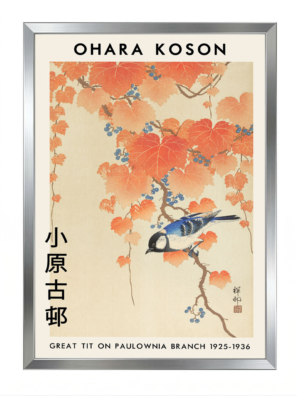 Ohara Koson'un Büyük Baştankara ve Paulownia Dalı adlı Japon Ukiyo-e sanat eseri posteri, turuncu yapraklar ve mavi baştankara kuşu.