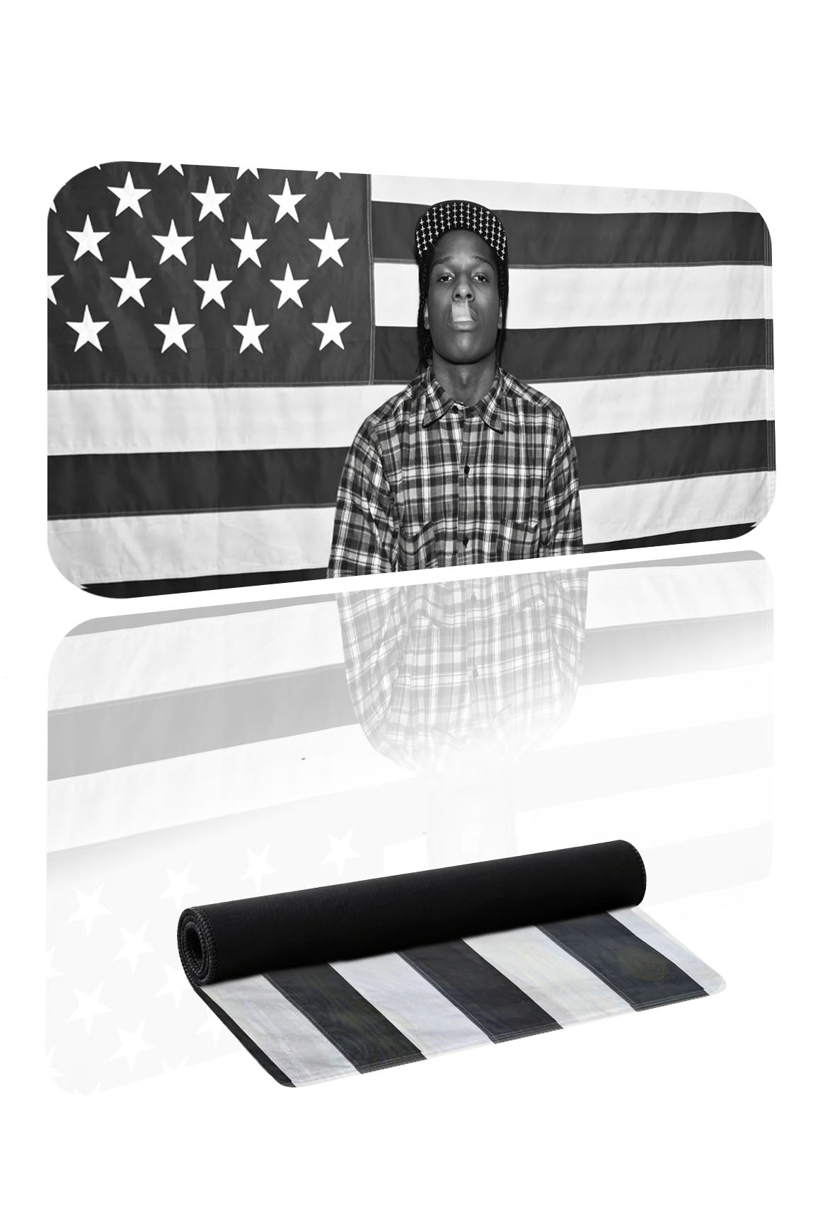Siyah beyaz Amerikan bayrağı ve ASAP Rocky figürlü büyük boy desenli mousepad