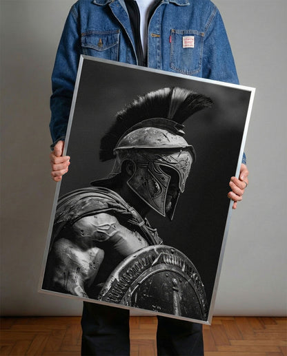 Siyah beyaz antik Yunan Spartan savaşçısı miğferli ve kalkanlı çerçeveli tablo