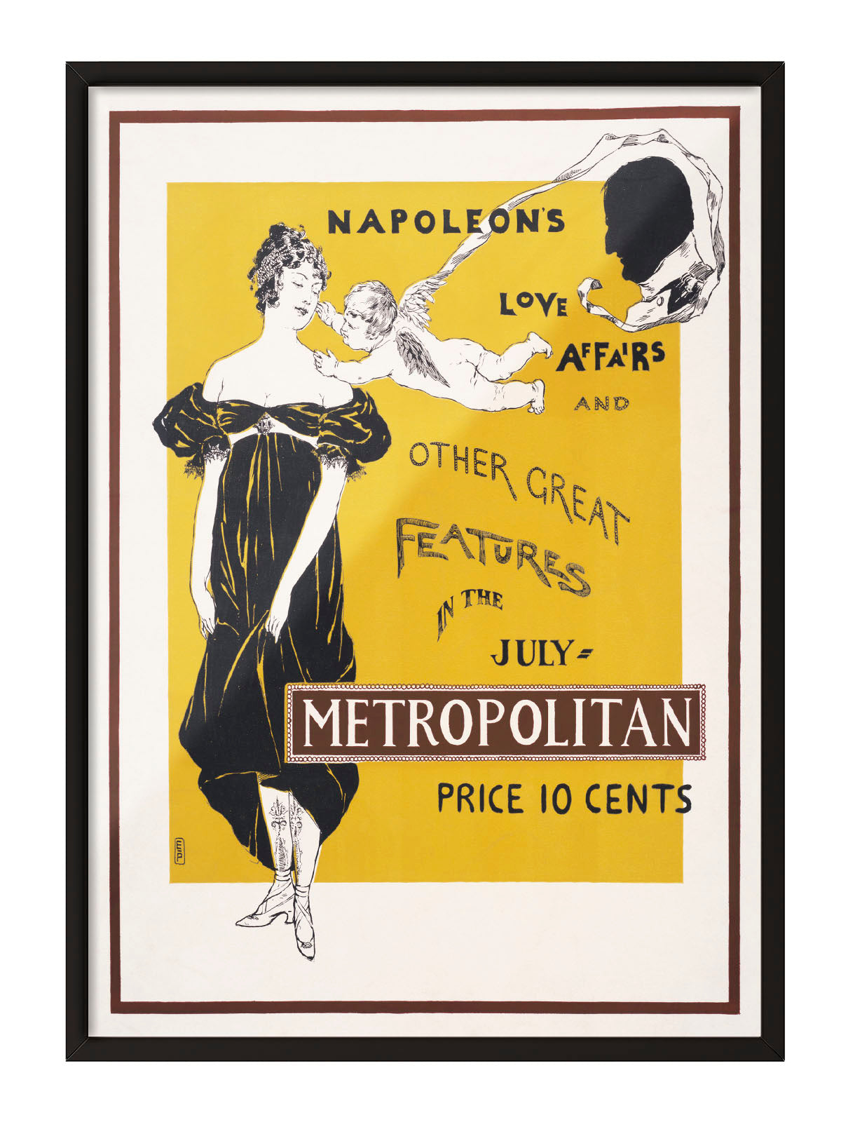 Sarı zeminli, siyah elbiseli kadın ve Cupid figürlü vintage Metropolitan dergisi afişi
