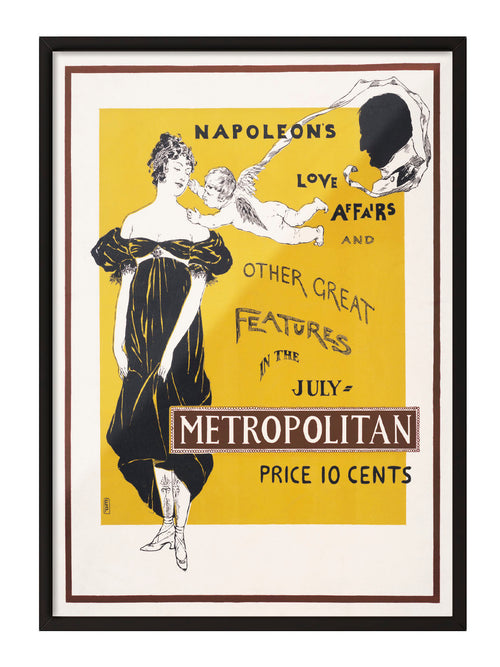 Sarı zeminli, siyah elbiseli kadın ve Cupid figürlü vintage Metropolitan dergisi afişi