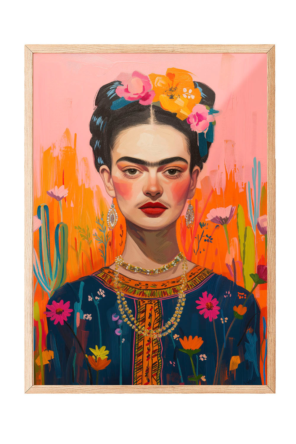 Modern Frida Kahlo portresi, renkli çiçekler ve turuncu pembe arka plan ile siyah çerçeveli tablo