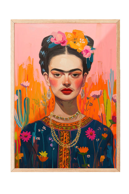 Modern Frida Kahlo portresi, renkli çiçekler ve turuncu pembe arka plan ile siyah çerçeveli tablo